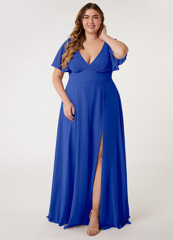 Azazie Kimber Bridesmaid Dresses Royal Blue A-Line Flounce Sleeve Chiffon Dress image1
