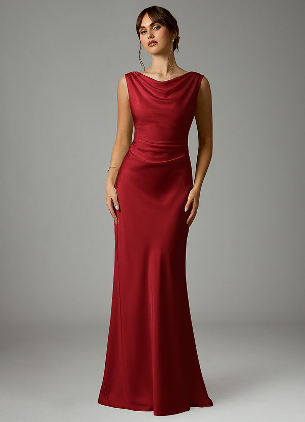 Azazie Kieryn Bruidsmeisjes Jurken Jurk van Stretch Satijn met Zeemeermin Geplooid Scharlaken image1