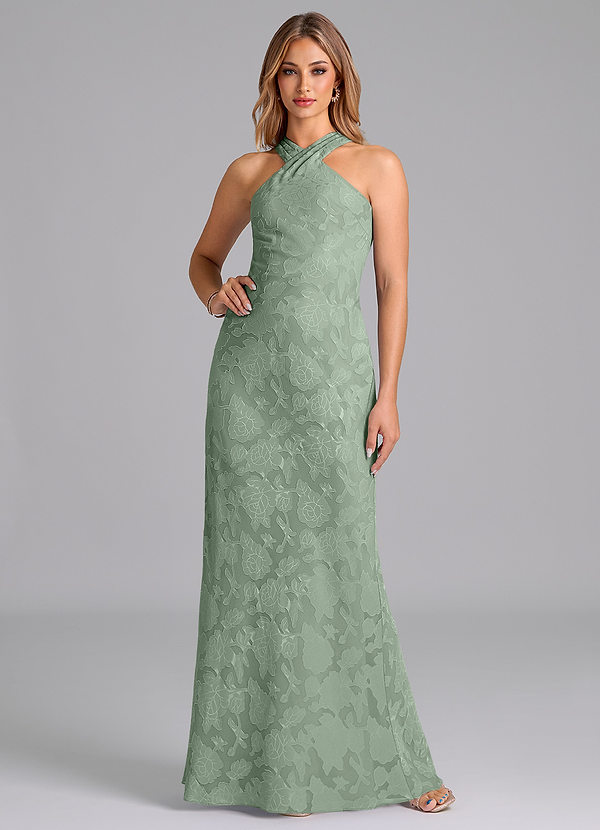 Azazie Doretta Robes Demoiselle d'honneur Robe Sirène en Blumen-Burnout Plissée Matcha image1