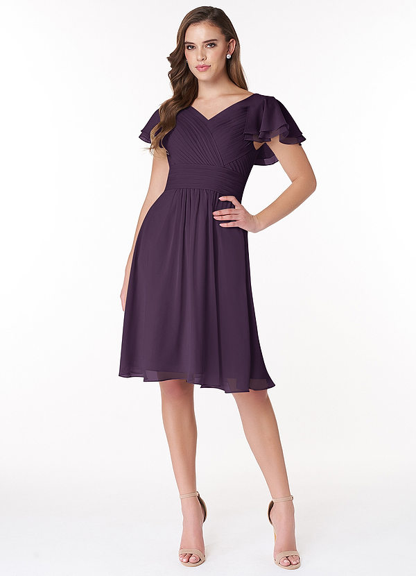 Azazie Hadley Modest Bridesmaid Dresses A-Line Pleated Chiffon Knee-Length Dress image1