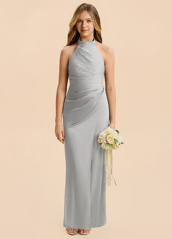 Azazie Jemma Junior Silver A-Line Ruched Stretch Satin Dress image1