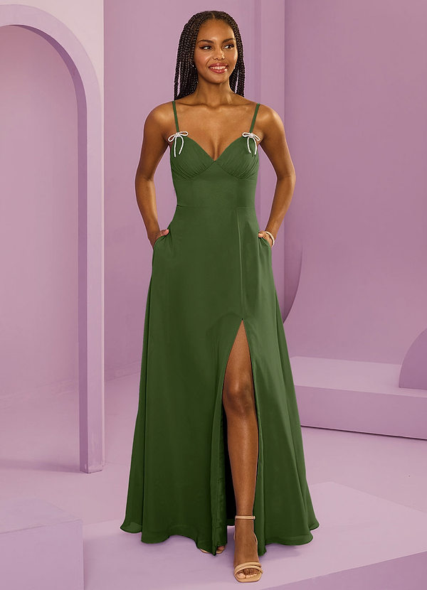 Barbie ♥ Azazie Bridesmaid Dresses Olive A-Line with Pockets Chiffon Dress image1