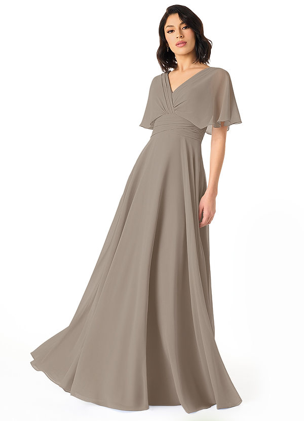Azazie Pamela Bridesmaid Dresses Taupe A-Line V-Neck Pleated Chiffon Dress image1