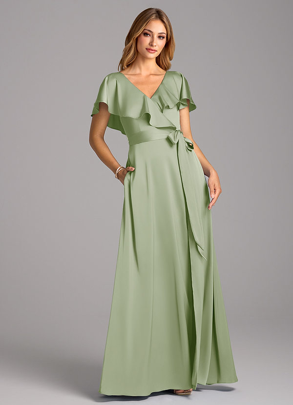 Azazie Lainey Bridesmaid Dresses Dusty Sage A-Line with Pockets Stretch Satin Dress image1