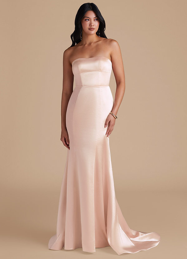 Azazie Aura Bridesmaid Dresses Rose Gold Mermaid Metallic Satin Convertible Dress image1