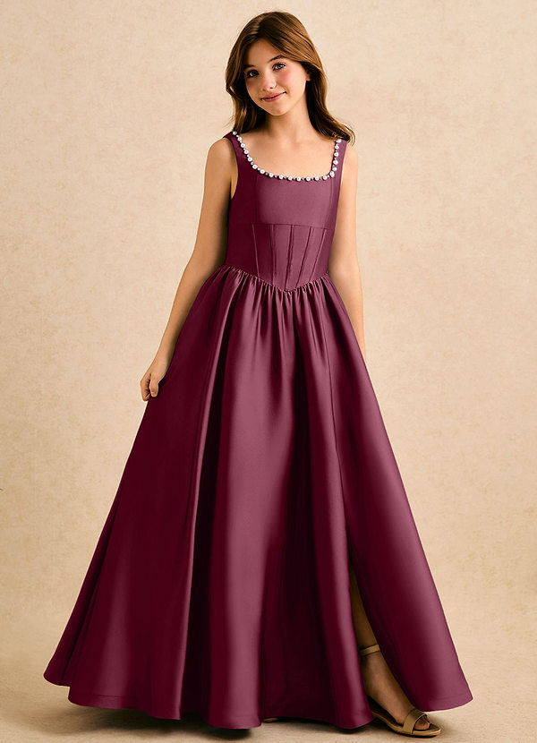 Azazie Enid Girls Formal Blomsterpigekjoler A-Line Perlebesat Stræk satin Gulv-længde Kjole image1