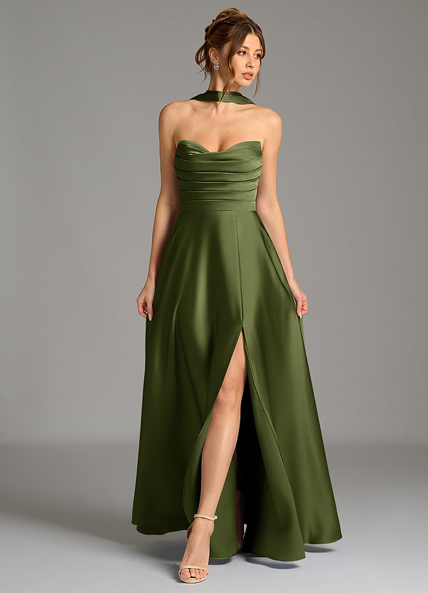 Azazie Ayla Bridesmaid Dresses Olive A-Line Corset Stretch Satin Dress image1