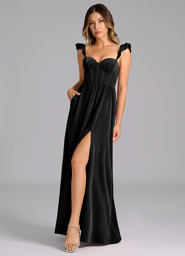 Azazie Denisse Robes Demoiselle d'honneur Robe Trapèze en velours Rayé Noir image1