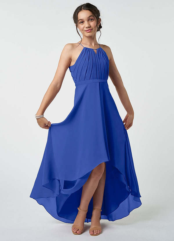 Azazie Oaklynn Junior Robe Trapèze en Mousseline de soie Plissée Bleu Roi image1