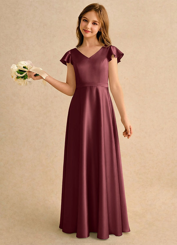 Azazie Nari Girls Formal Sukienki dla dziewczynek sypiących kwiaty Linia A z rękawami Satyna elastyczna Długość podłogi Sukienka image1