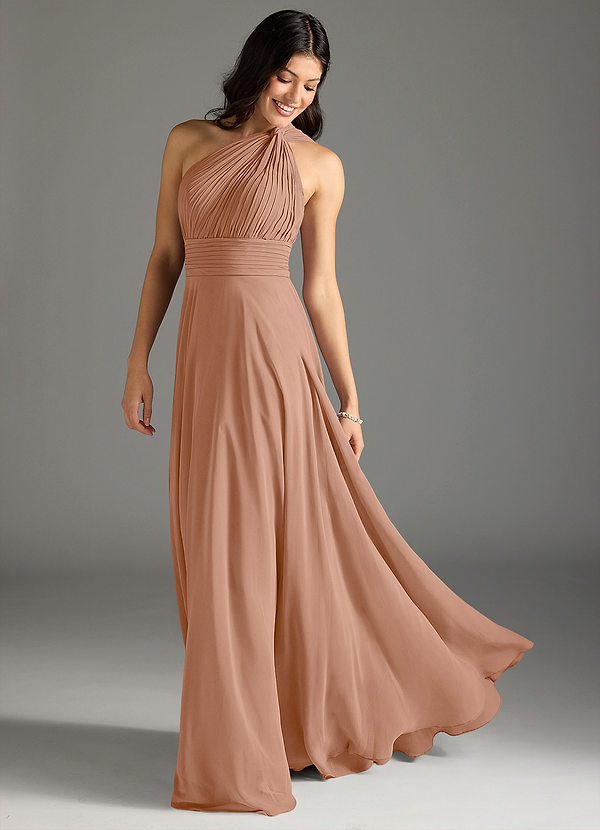 Azazie Charlize Bridesmaid Dresses Champagne Rose A-Line One Shoulder Chiffon Dress image1