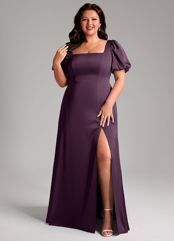 Azazie Fyona Bridesmaid Dresses Plum A-Line Pleated Stretch Satin Dress image1