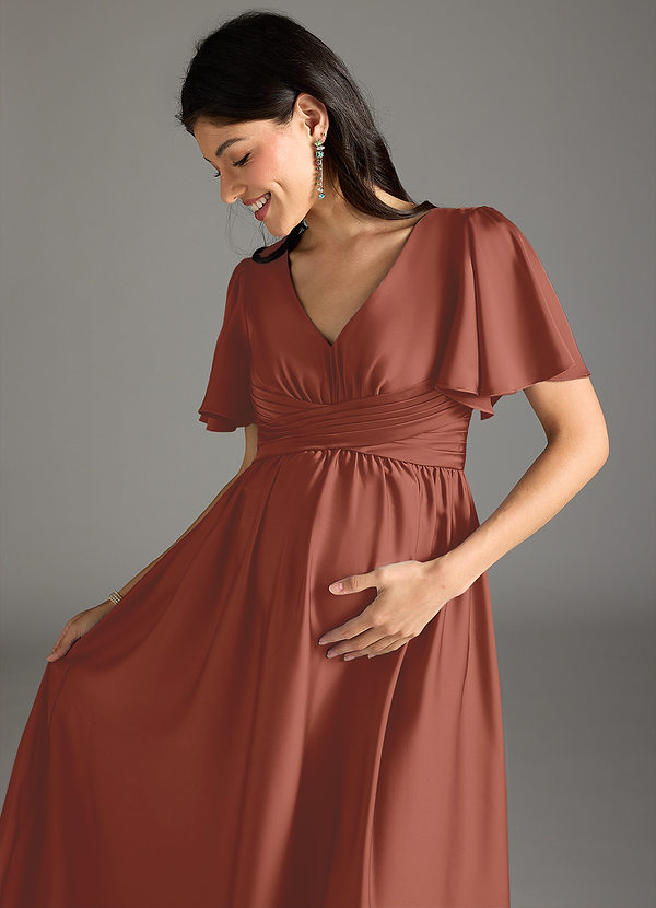 Azazie Verna Maternity Bridesmaid Dresses A-Line Ruched Stretch Satin Floor-Length Dress image1