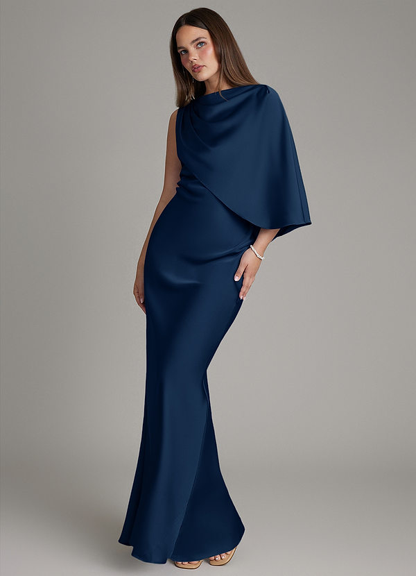 Azazie Darby Robes Demoiselle d'honneur Robe Sirène en Satin extensible Plissée Bleu Marine Foncé image1