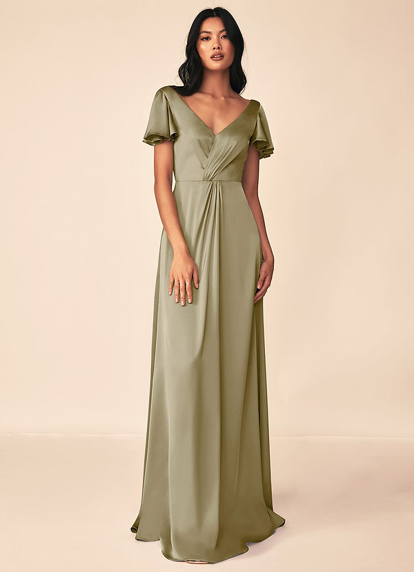 Azazie Soren Bridesmaid Dresses Moss Green A-Line Pleated Stretch Satin Dress image1