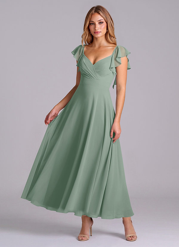 Azazie Leilani Brautjungfernkleider A-Linie Gestreift Chiffon Kleid Silberner Salbei image1