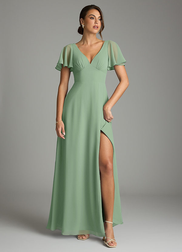 Azazie Kimber Bridesmaid Dresses Matcha A-Line Flounce Sleeve Chiffon Dress image1