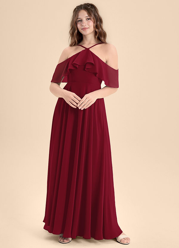 Azazie Tessabelle Junior Vestido de Borgoña de Gasa de Corte En A con Vestidos sin tirantes image1