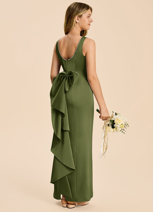 Azazie Emi Junior Olive Sheath Bow Stretch Satin Dress image1