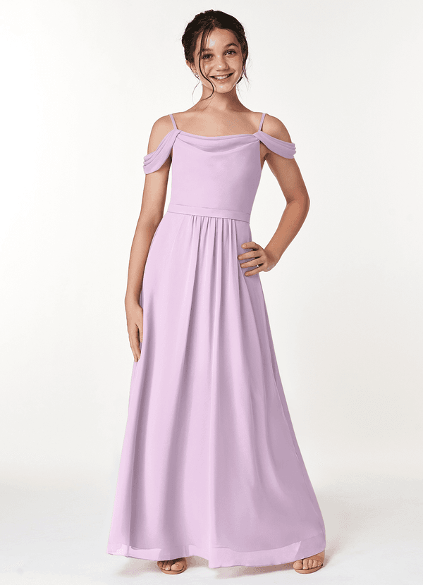 Azazie Alivia Junior Frosted Lilac A-Line Off the Shoulder Chiffon Dress image1