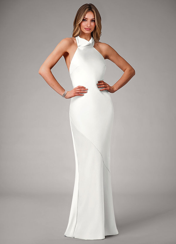 Azazie Velli Brautjungfernkleider Meerjungfrau-Linie Hoher Kragen Stretch-Satin Kleid Weiß image1