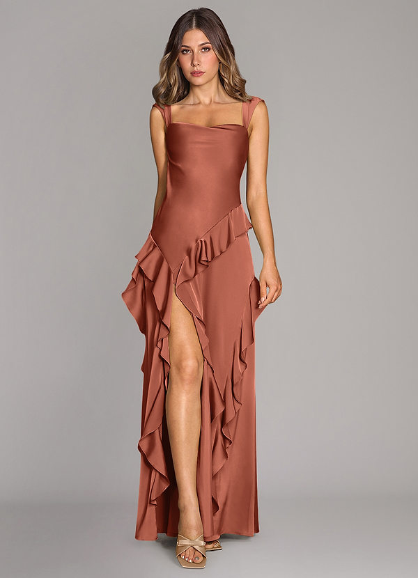 Azazie Sloane Bridesmaid Dresses Vestido Argila de Cetim elástico de Linha A com Decote em coração image1