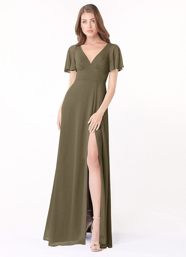 Azazie Kimber Bridesmaid Dresses Willow Green A-Line Flounce Sleeve Chiffon Dress image1