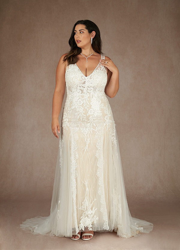 Azazie Konstantin Wedding Dresses Diamond White Champagne Mermaid Sequins Tulle Dress image1