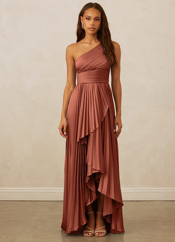 Christian Siriano Bridal for Azazie 1008 Robes Demoiselle d'honneur Robe Trapèze en Satin extensible Ue épaule Argile image1