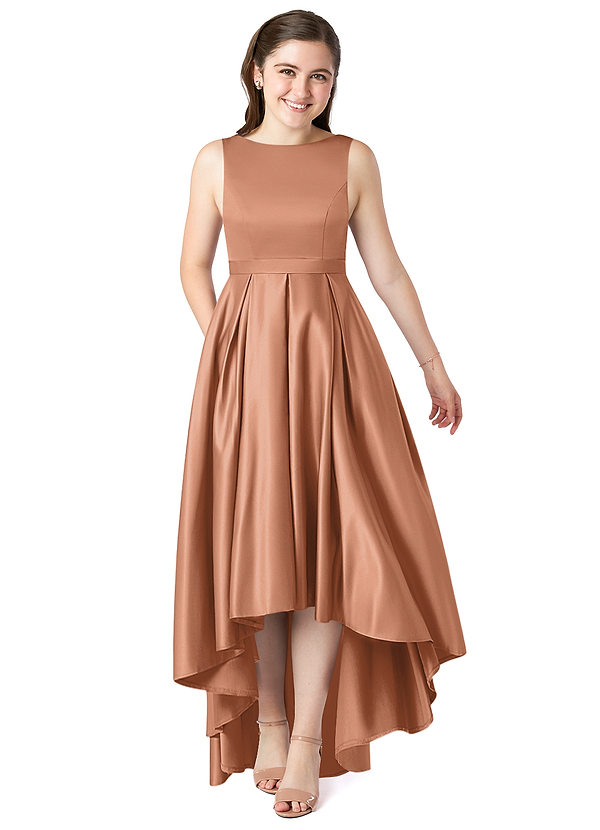 Azazie Inaya Junior Bronzer A-Line with Belt Stretch Satin Dress image1