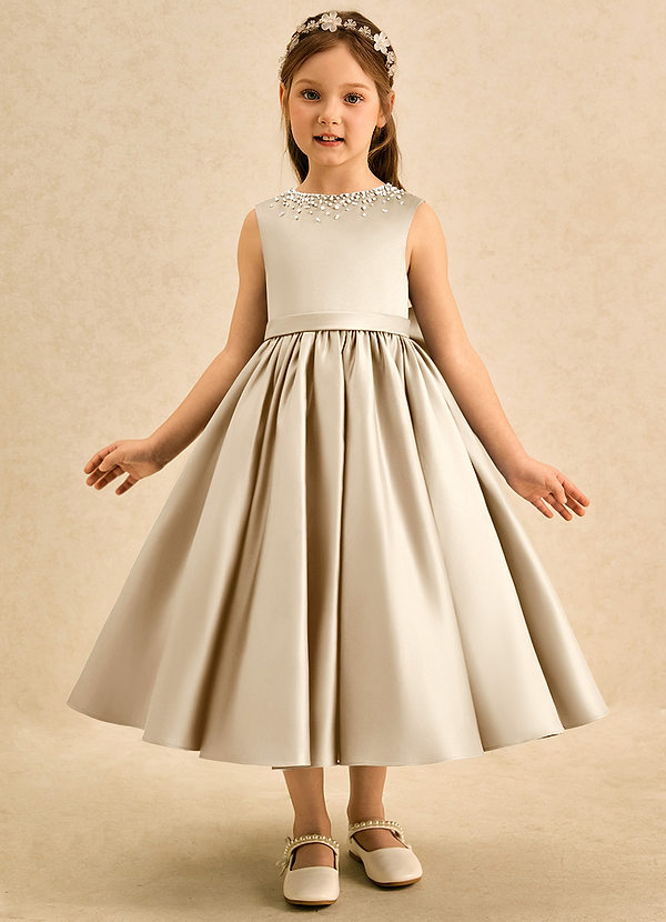 Azazie Doodle Flower Girl Dresses Champagne Ball-Gown Bow Matte Satin Dress image1