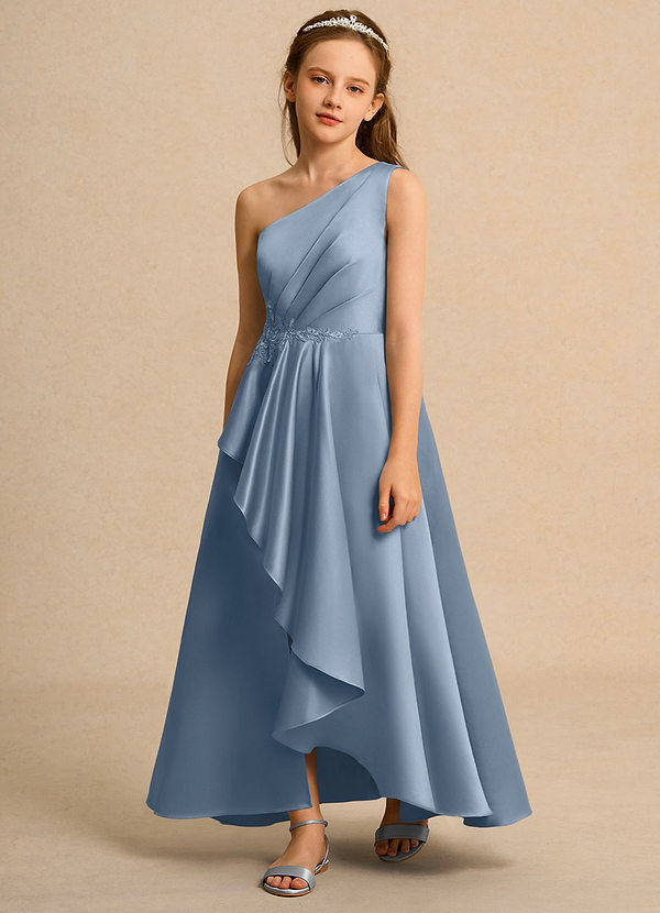 Azazie Taffy Girl Bloemenmeisjes Jurken A-Lijn Jurk van Mat Satijn Kant Stoffig Blauw image1