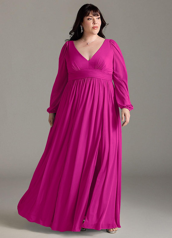Azazie Norah Robes Demoiselle d'honneur Robe Trapèze en Mousseline de soie Col en V, manches longues Fuchsia image1
