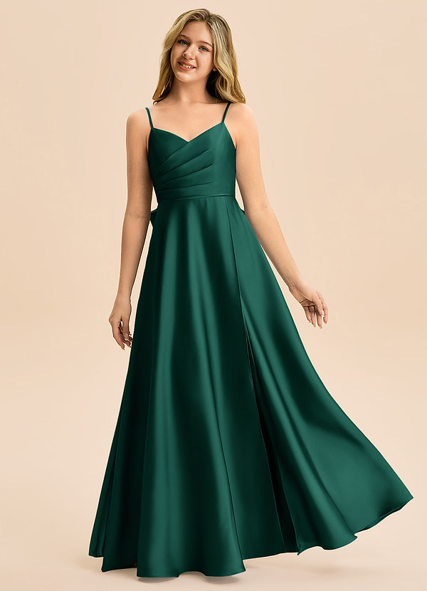 Azazie Rumi Junior Emerald A-Line Pleated Stretch Satin Dress image1