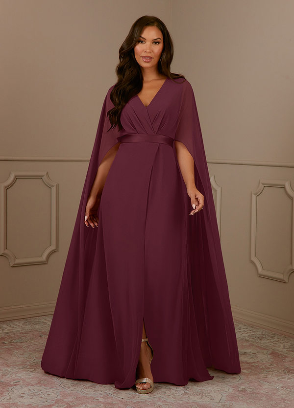 Azazie Isa Robe Mère de la Mariée & du Marié Robe Trapèze en Mousseline de soie Col V plissé Cabernet image1
