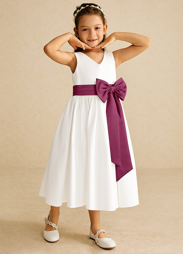 Azazie Darling Flower Girl Dresses Ivory Mulberry A-Line Bow Cotton Dress image1