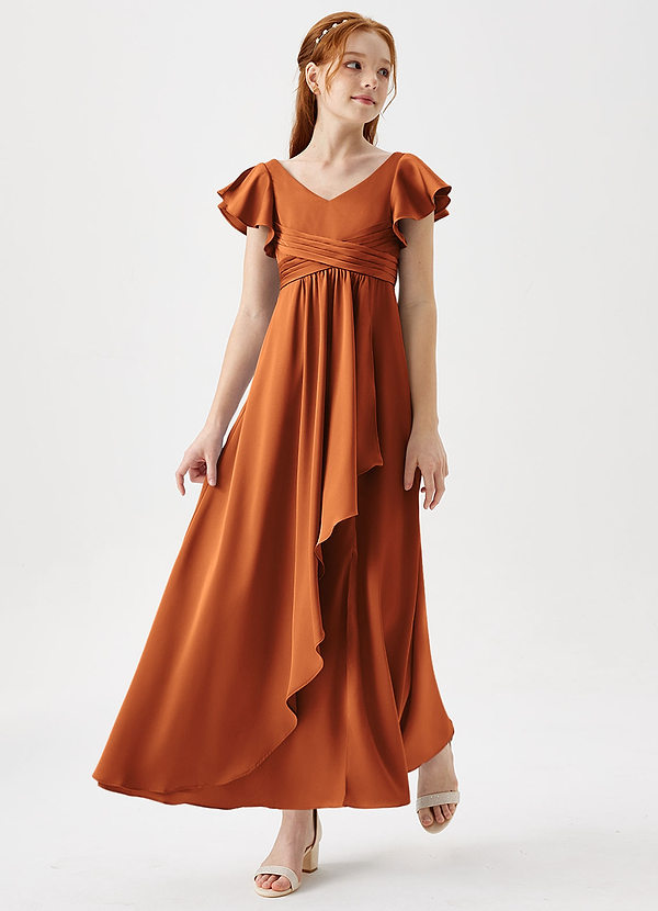Azazie Omari Junior Cinnamon A-Line Pleated Stretch Satin Dress image1