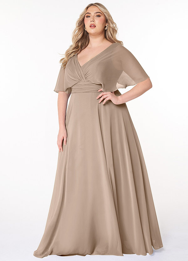 Azazie Pamela Robes de demoiselle d'honneur Robe Trapèze en Mousseline de soie Col V plissé Taupe image1