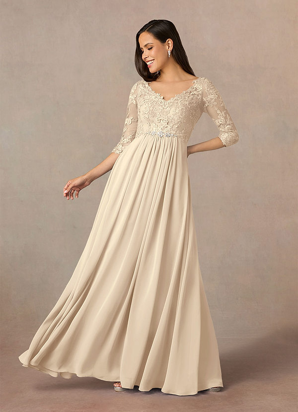 Azazie Hayek Mother of the Bride Dresses Champagne A-Line V-Neck Lace Chiffon Dress image1