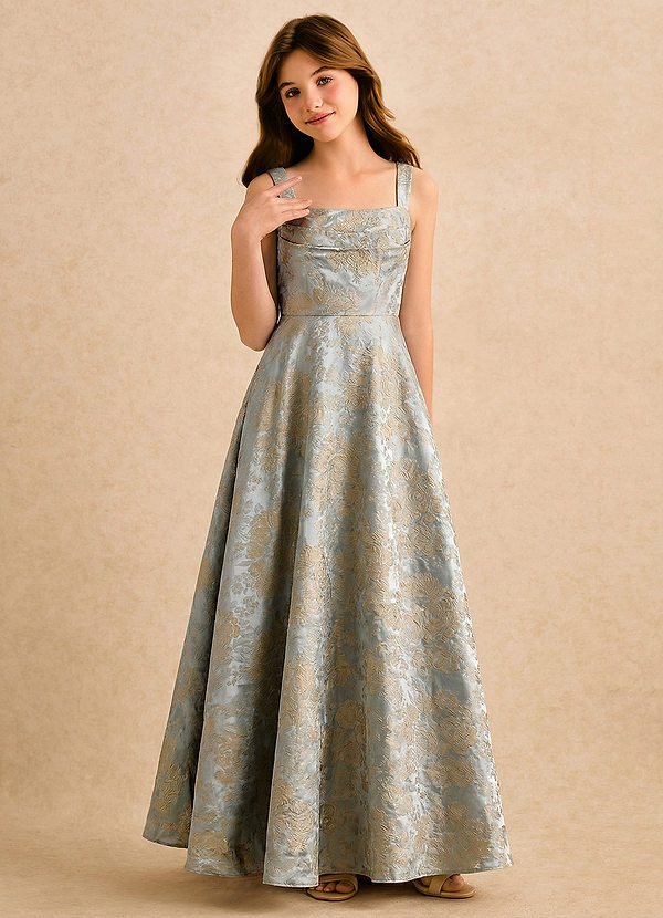 Azazie Malina Girls Formal Blomsterpigekjoler A-Line Plisseret Blomster Jacquard Gulv-længde Kjole image1