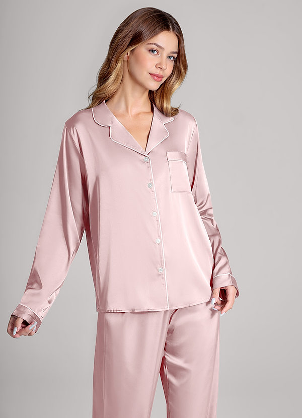front Matching Color Long Sleeves and Pants Satin PJ Set