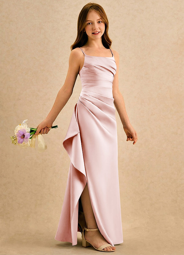 Azazie Cannoli Girls Formal Blomsterpigekjoler A-Line Plisseret Mat satin Gulv-længde Kjole image1