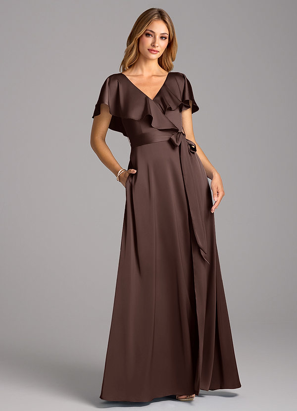 Azazie Lainey Bridesmaid Dresses Ganache A-Line with Pockets Stretch Satin Dress image1