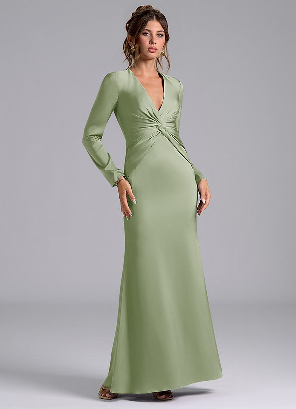 Azazie Valerie Vestidos Dama de Honor Vestido de Salvia Polvorienta de Satén Elástico de Corte Sirena con Manga larga image1