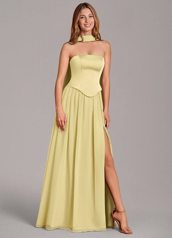 Azazie Cadence Bridesmaid Dresses Lemon Sorbet A-Line Corset Stretch Satin Convertible Dress image1