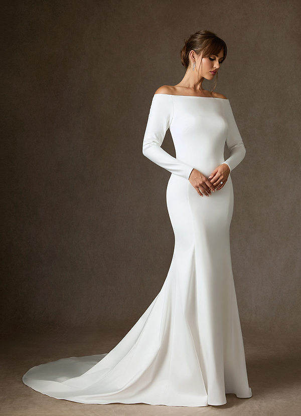Azazie Marlin Wedding Dresses Diamond White Mermaid Off the Shoulder Satin Dress image1