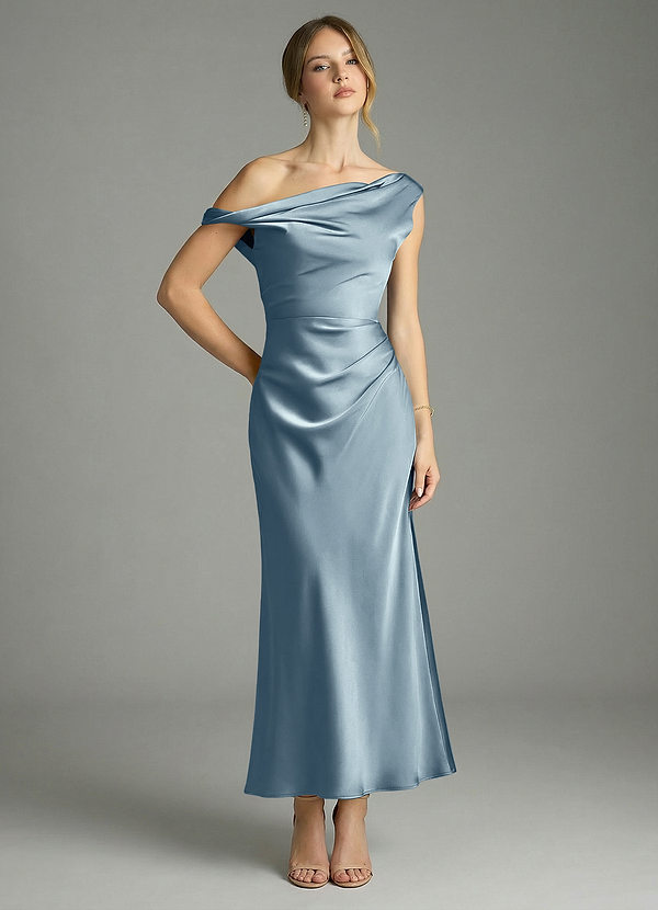 Azazie Emerson Bridesmaid Dresses Dusty Blue Mermaid Off the Shoulder Stretch Satin Dress image1