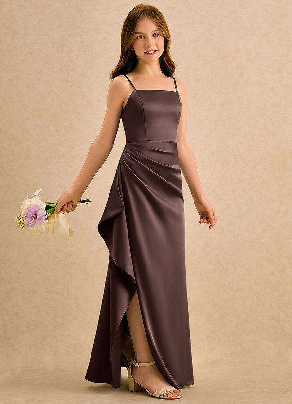 Azazie Cannoli Girls Formal Blumenkinder Kleider A-Linie Plissee Stretch-Satin Kleid Ganache image1