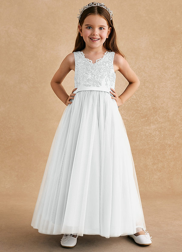 Azazie Cinna Flower Girl Dresses Diamond White A-Line Lace Tulle Dress image1
