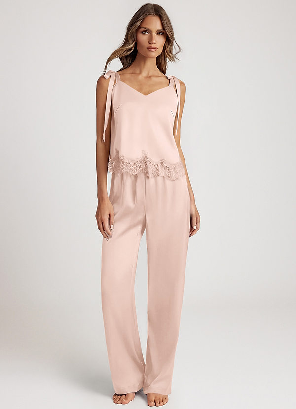 front Rose Pâle Ensemble pyjama débardeur en satin bordé de dentelle et pantalon long à jambes larges